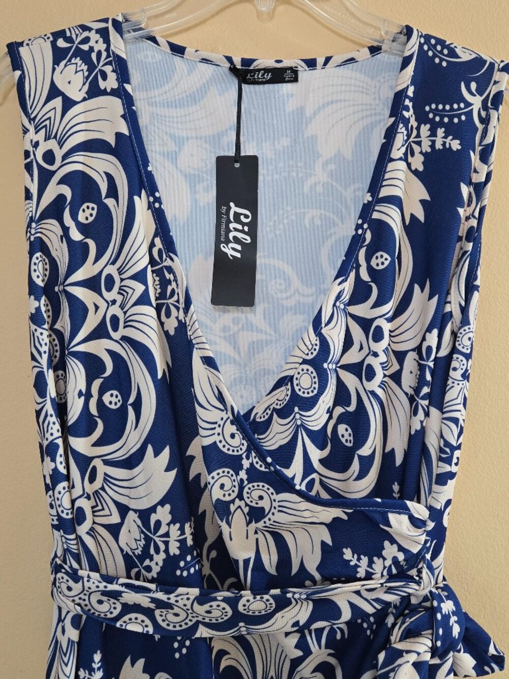 Lily by Firmiana Blue Light Cream Medallion Faux Wrap Dress M NWT